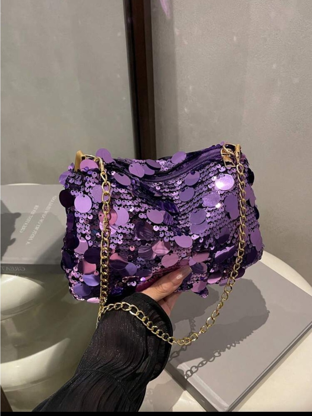 Purple Sequin Chain Shoulder Bag – Women's Evening Bag